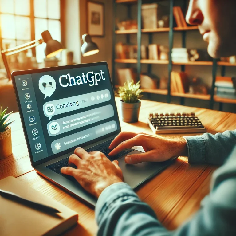 DALL·E 2024 06 19 13.02.28 A person creating content on ChatGPT sitting at a desk with a laptop open displaying the ChatGPT interface. The person is focused and engaged typing
