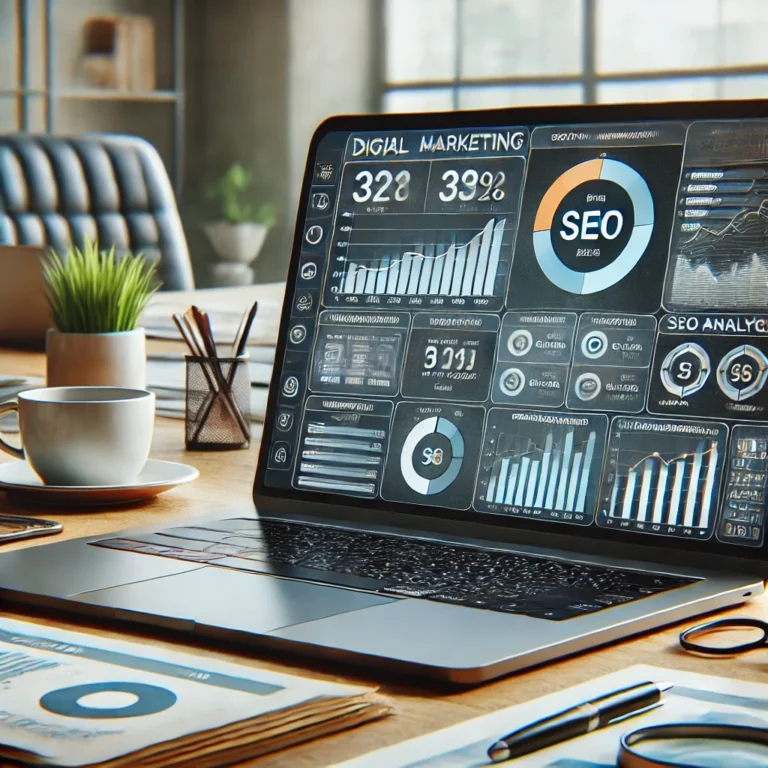 DALL·E 2024 07 17 13.36.50 A digital marketing dashboard on a laptop screen showing SEO analytics with graphs charts and metrics. The laptop is on a modern workspace with som